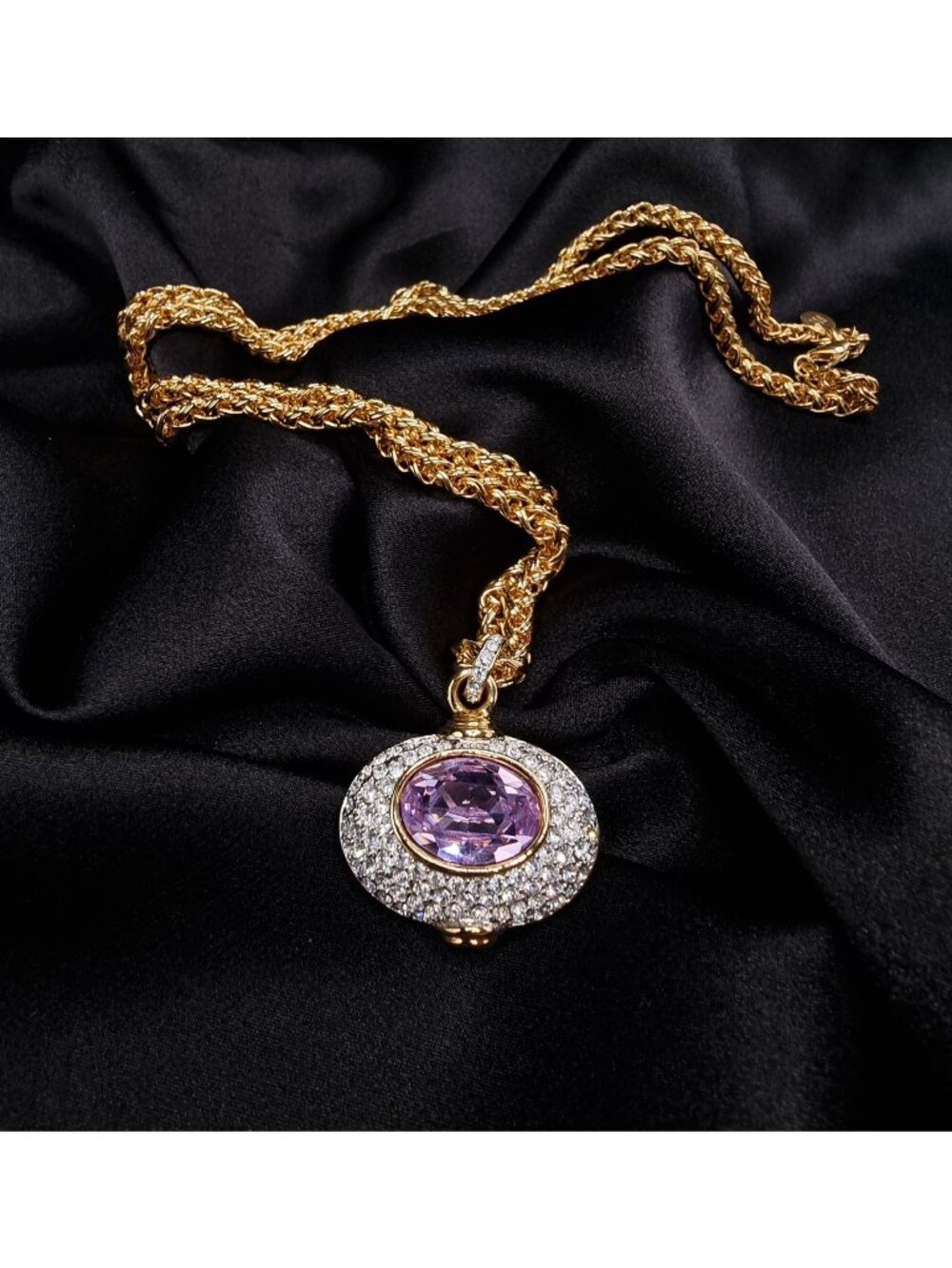 Vintage 1990s Nolan Miller Necklace With Purple Stone & Crystal Pendant